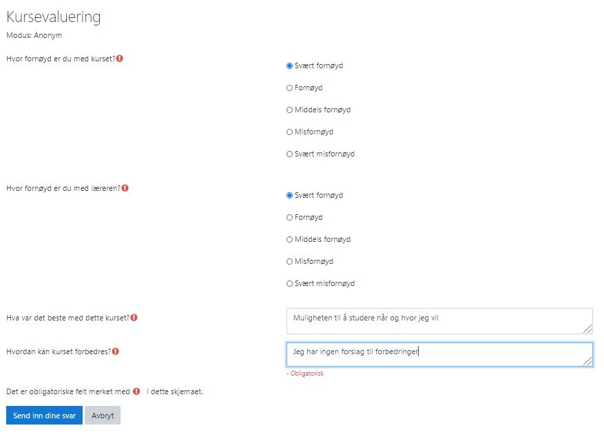 Spørreskjemat som brukes i kursevalueringene